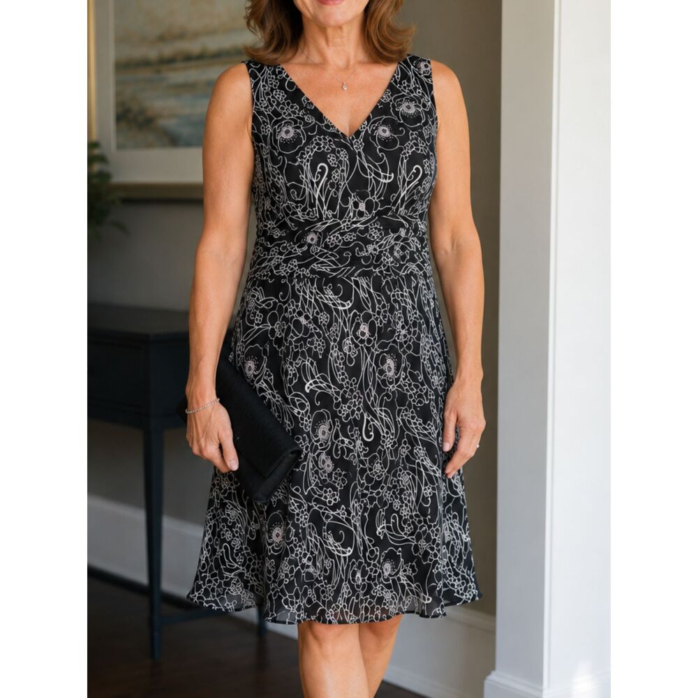 Vtg Studio I Petite Black Floral Sleeveless Chiffon Fit & Flare Dress 6 Petite
